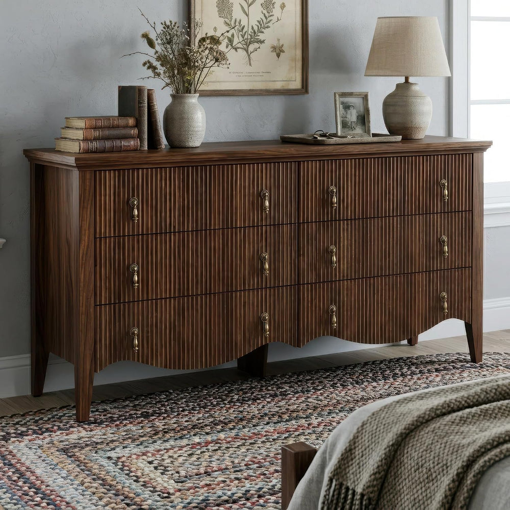 FUSUNBAO 6-Drawer Fluted Dresser, 52" Wide Double Chest of Drawers,Walnut