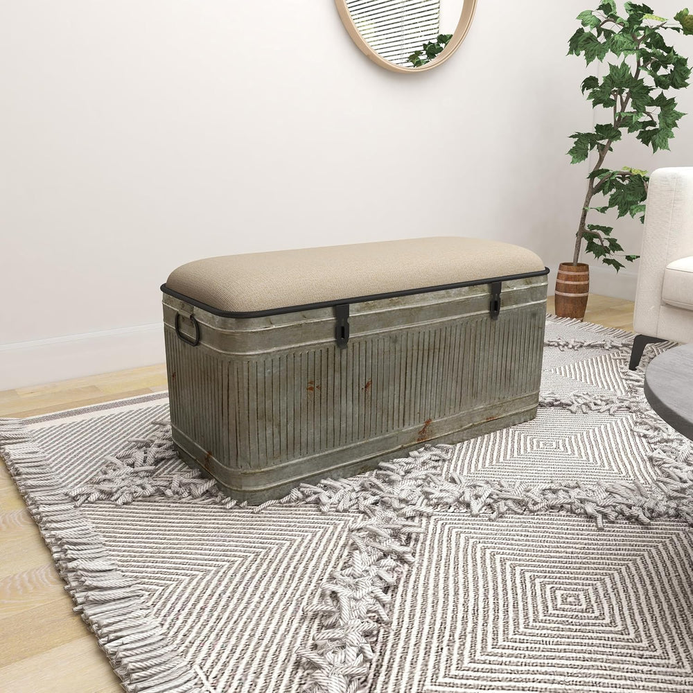 Deco 79 Metal Room Storage Bench Galvanized Entryway Bench with Cream Burlap ...