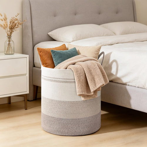 100l extra large tall cotton rope laundry basket showing dimensions