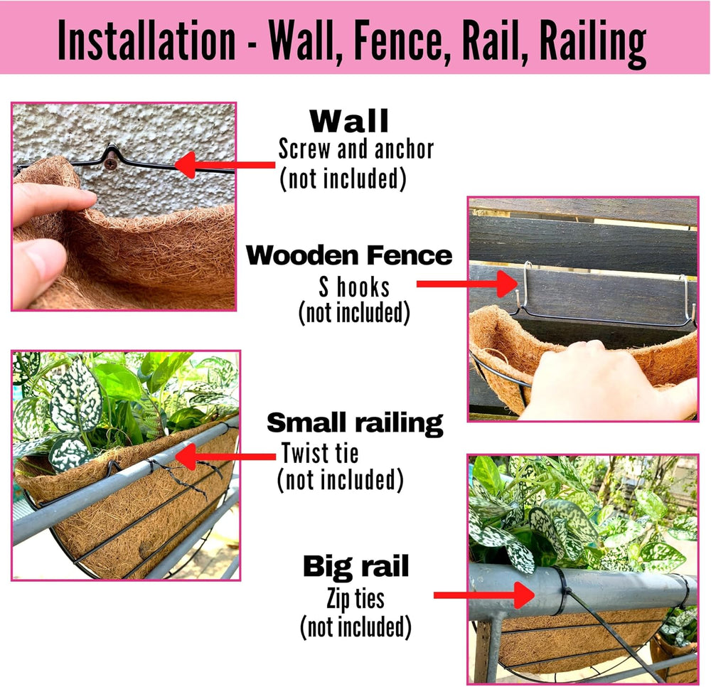 LaLaGreen Wall Planter (16 in, 4 Pack) Black Coco Liner Fence Flower Pots