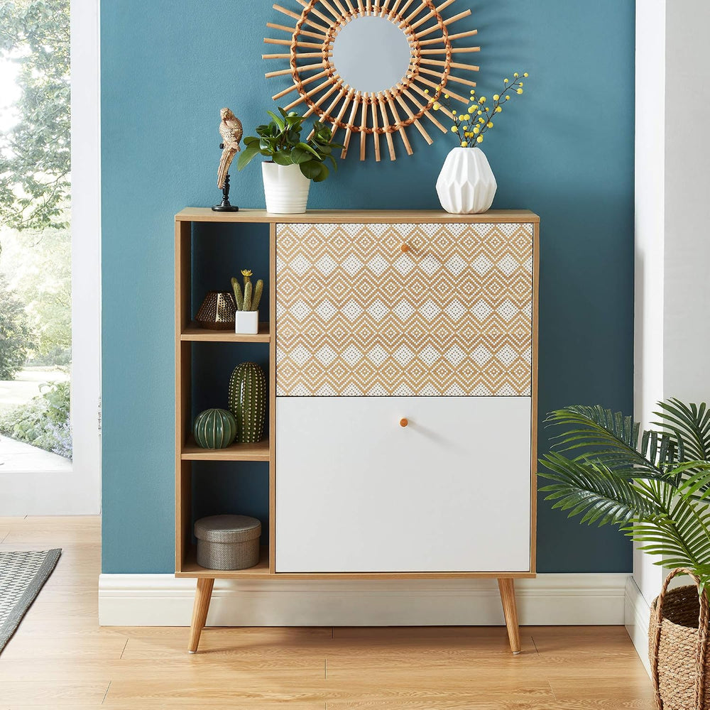 BAÏTA LEIKA Shoe Cabinet, White and Oak, 80 x 23.5 x 97.5 cm