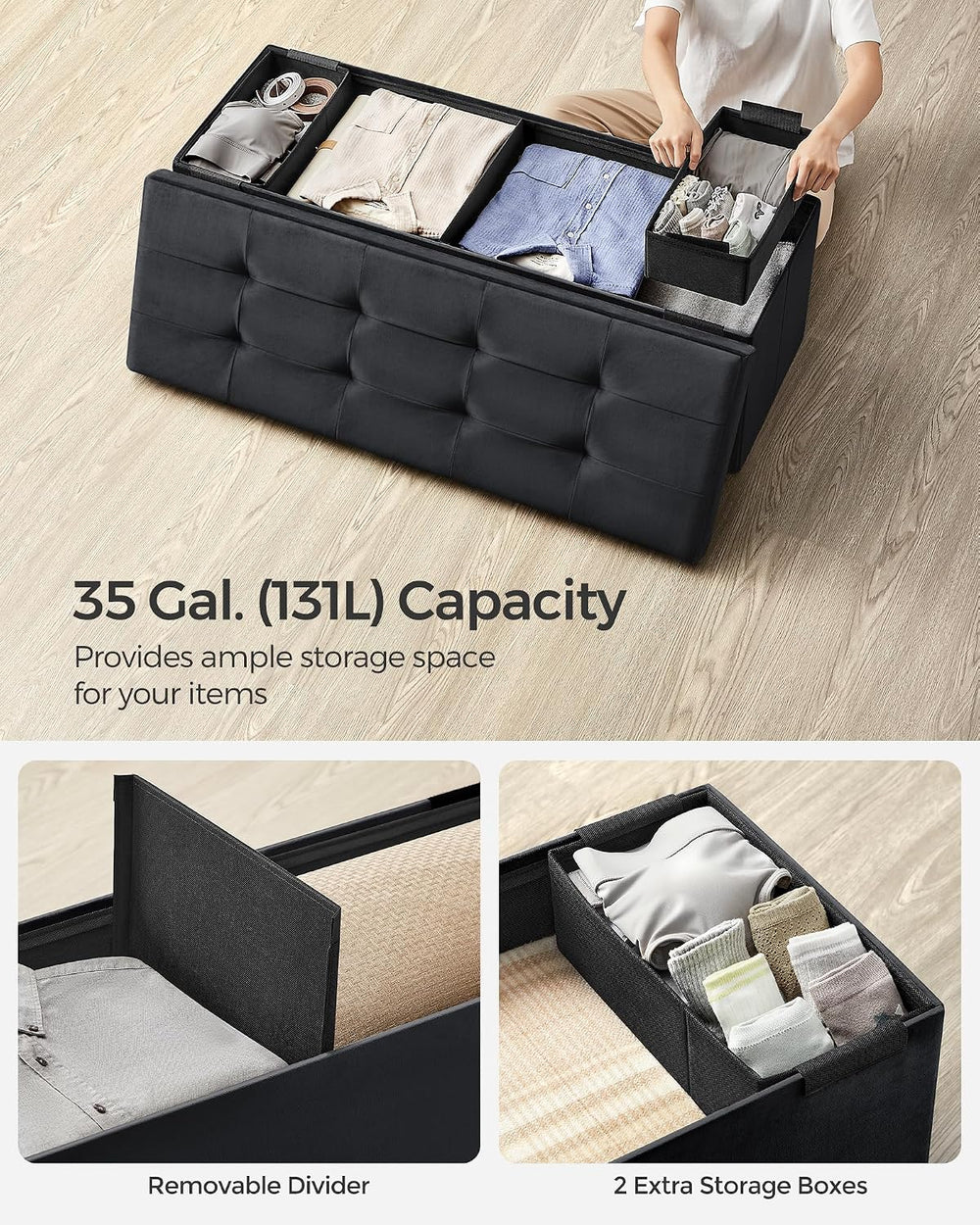SONGMICS Storage Ottoman Bench, 43.3 Inches Velvet Foldable Foot Rest