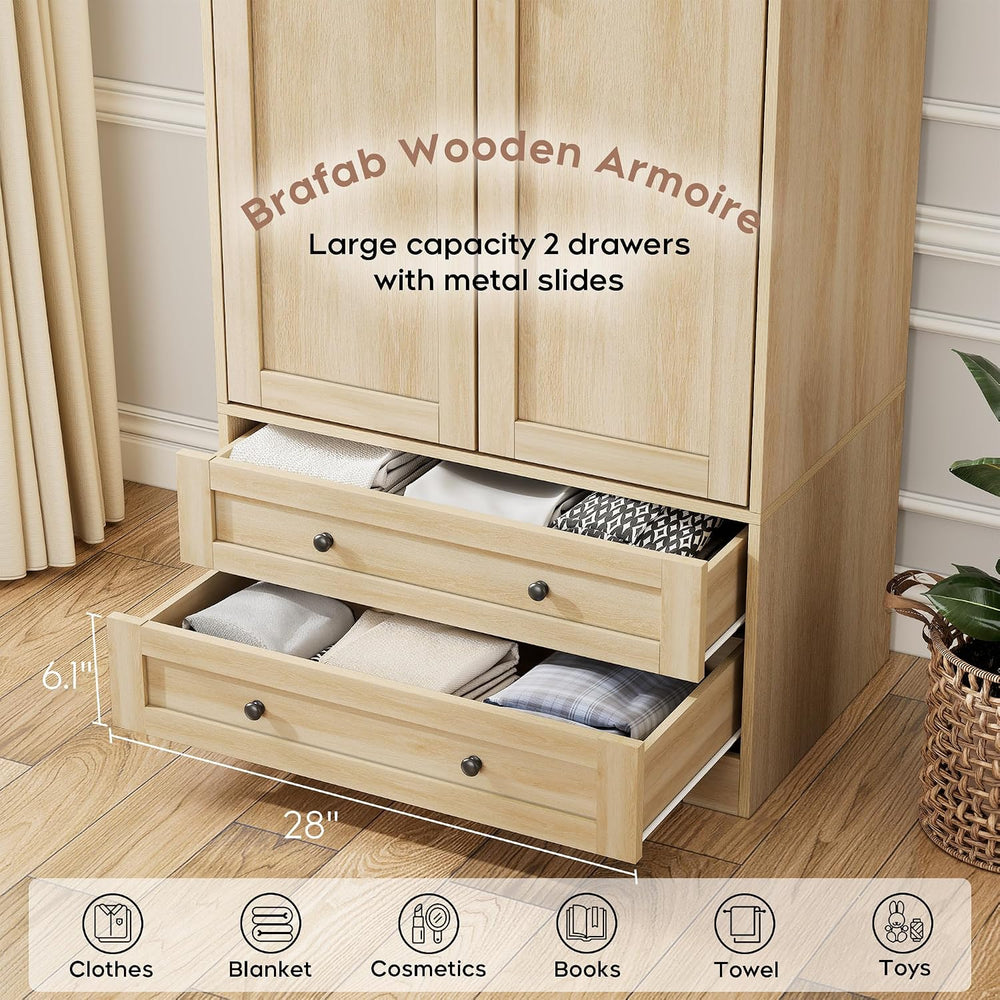 Brafab Wooden Armoire Wardrobe Closet with Drawers, Natural, Set of 2