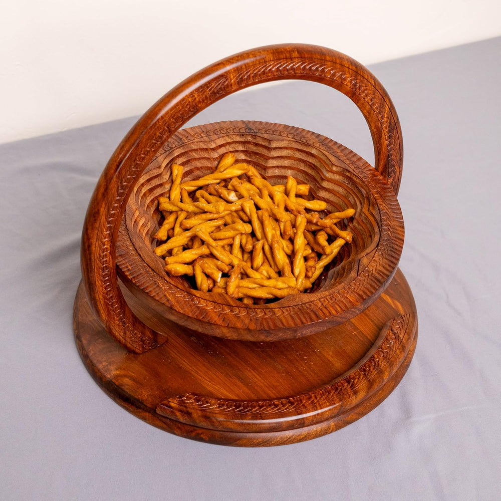 Handmade 12″ Collapsible Wooden Basket, Single Bowl Flower Design in Himalaya...