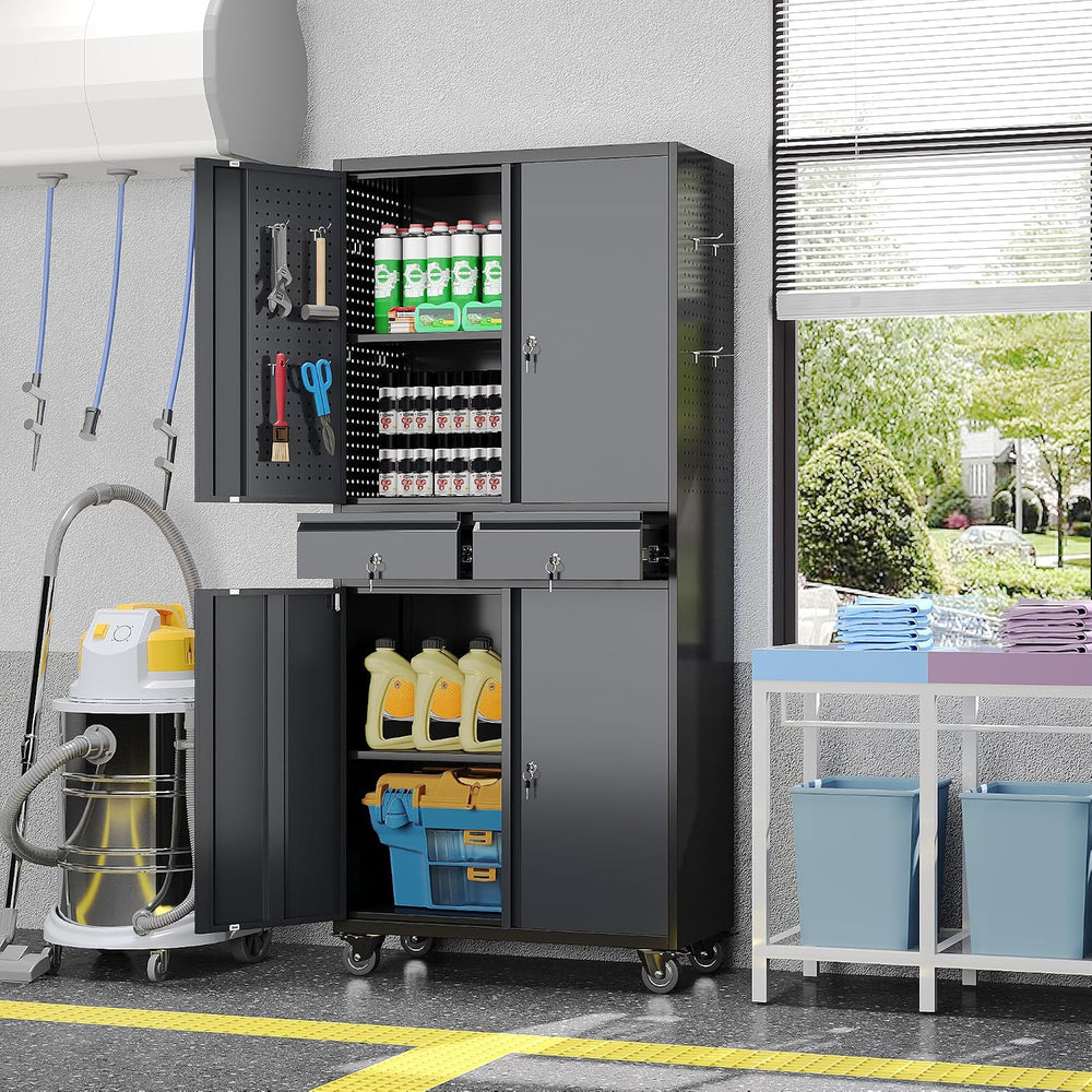 SUXXAN 71-Inch Metal Garage Cabinet with 2 Drawers and Pegboard Doors
