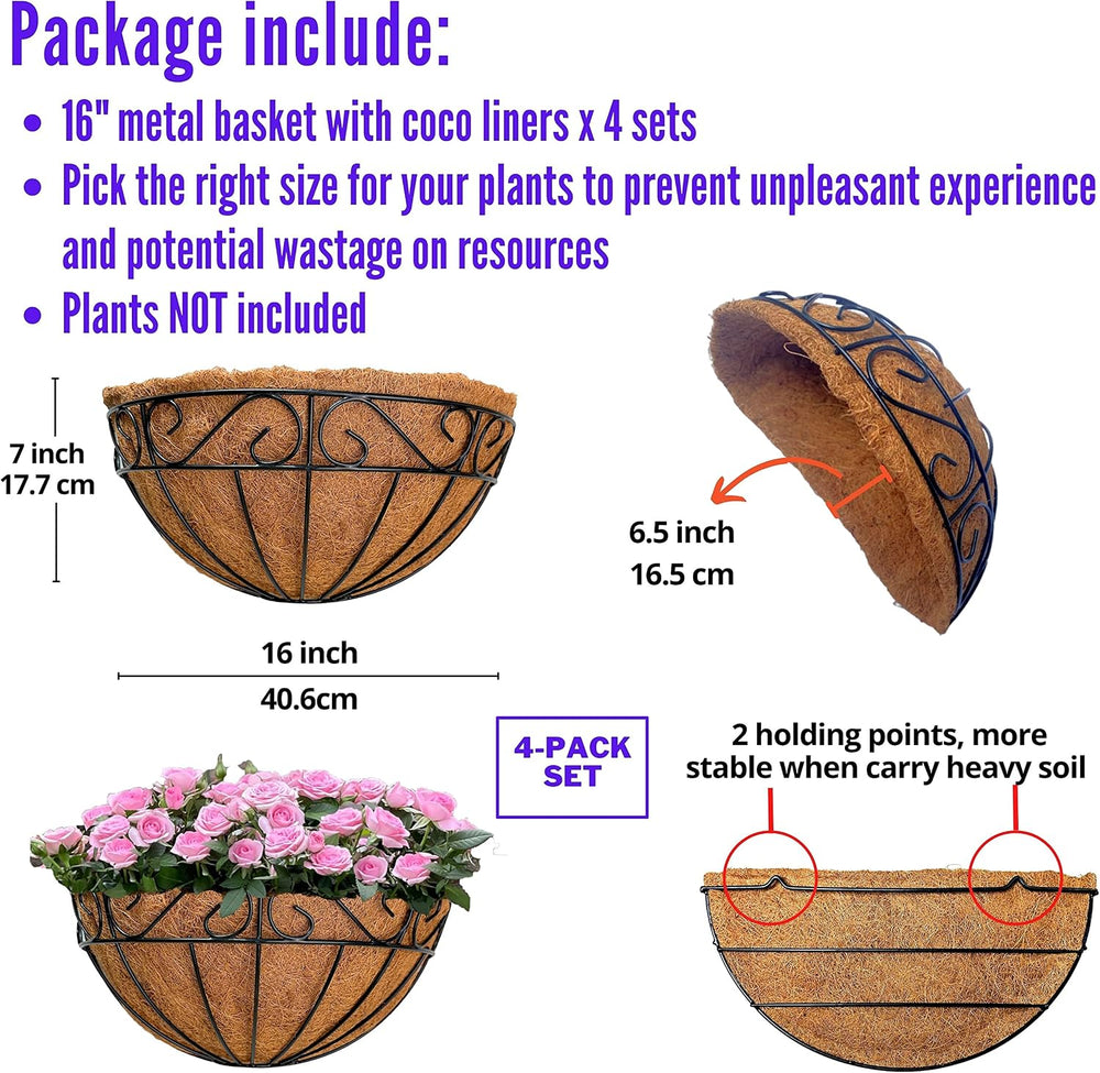 LaLaGreen Wall Planter (16 in, 4 Pack) Black Coco Liner Fence Flower Pots