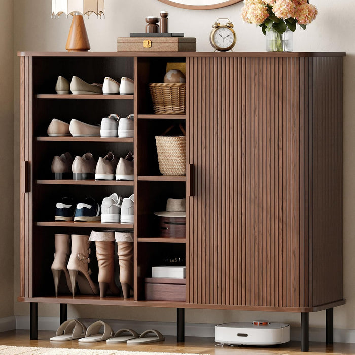 ONBRILL 48" Large Shoe Cabinet with 2 Sliding Doors & Open Storage, Walnut