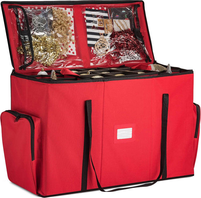 ZOBER All in One Christmas Ornament Storage Box & Decoration Container - Easy Access Removable Trays, Keeps 73 Ornaments - Adjustable Extent Area for Figurines and Pockets for Decoration - Red
