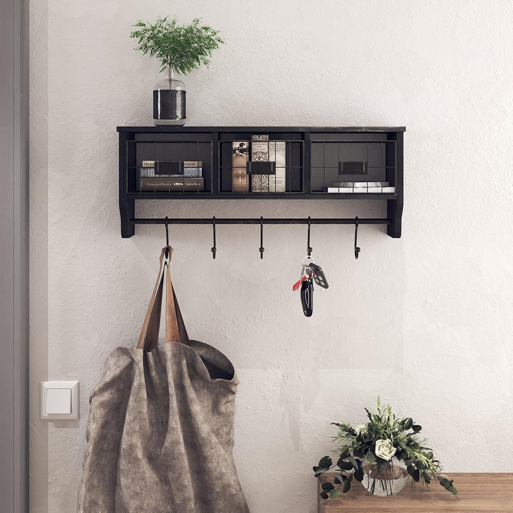 HBCY Creations Wall Mounted Shelf with Coat Hooks and Baskets, Solid Wood Ent...