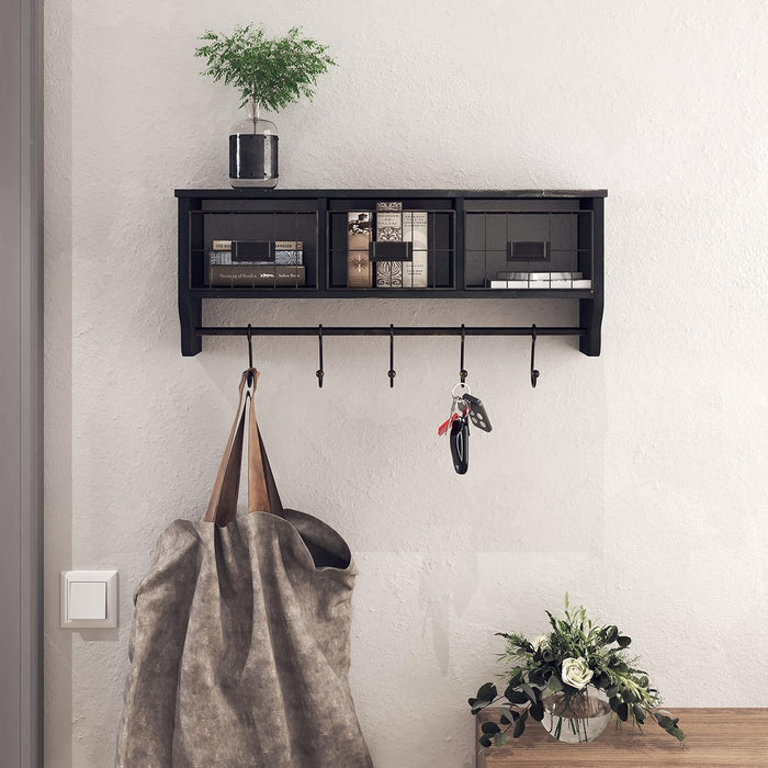 HBCY Creations Wall Mounted Shelf with Coat Hooks and Baskets, Solid Wood Entryway Organizer Wall Shelf with Hooks - Hang Coats, Keys or Coffee Mugs, Rustic Blackwash 24" Wide