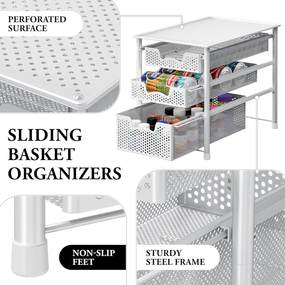 Simple Houseware 3 Tier White Alloy Steel Sliding Basket Organizer Drawer Cab...