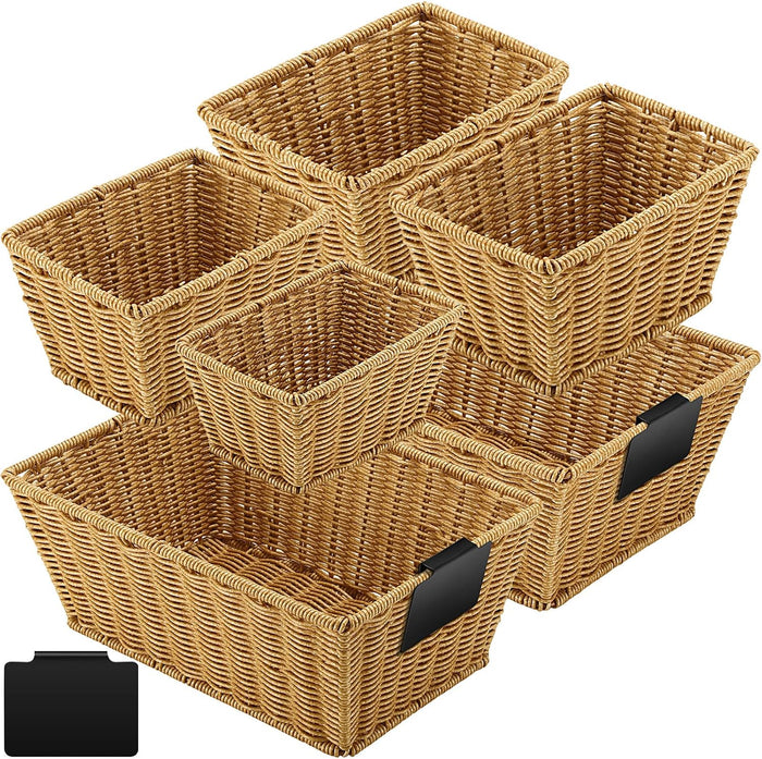 Marsui 6 Pcs Wicker Storage Baskets for Pantry Organization with Labels Handwoven Multi-size Natural Wicker Storage Bins for Organizing Small Baskets Container for Shelves Closet Toilet