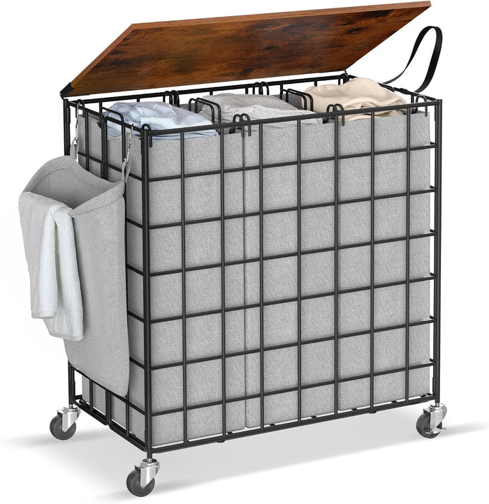 Laundry Basket with Wheels, Heavy Duty Laundry Sorter 3 Sections, 140L (37Gal.) Large Capacity Laundry Hamper with Wood Lid, 360 Rolling Wheels, Extra Side Pocket, Leather Pull Handle,Grey