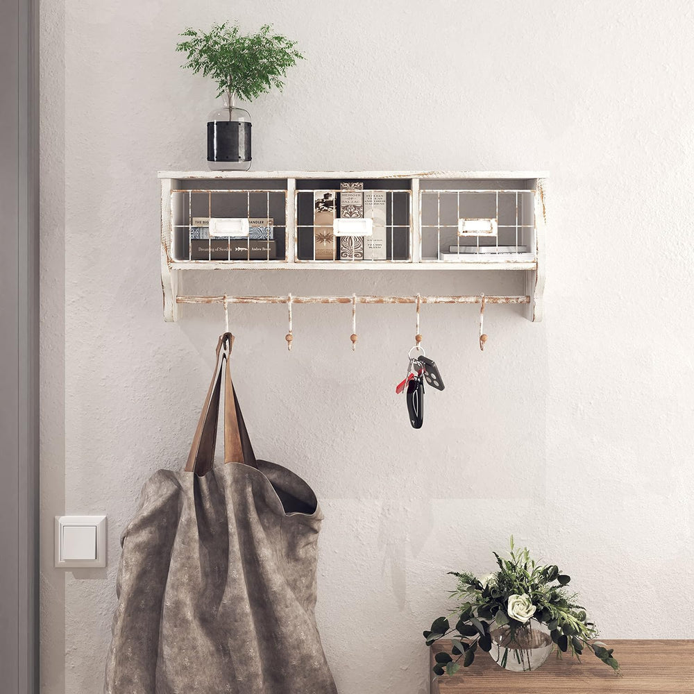 HBCY Creations Wall Mounted Shelf with Coat Hooks and Baskets, Solid Wood Ent...