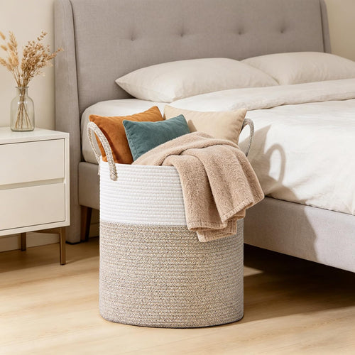 100l extra large tall cotton rope laundry basket showing dimensions