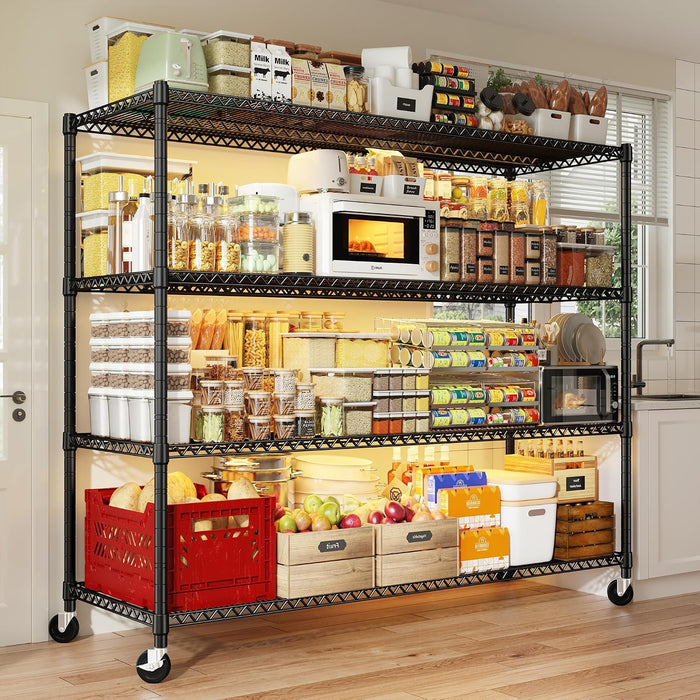 REIBII 60''W Storage Shelves 2399LBS Metal Shelving Unit with Wheels & Feet, 4 Tier Garage Shelving Heavy Duty Adjustable Wire Shelf for Pantry Kitchen Garage, 60" W x 17.7" D x 65.5" H, 2 Pack