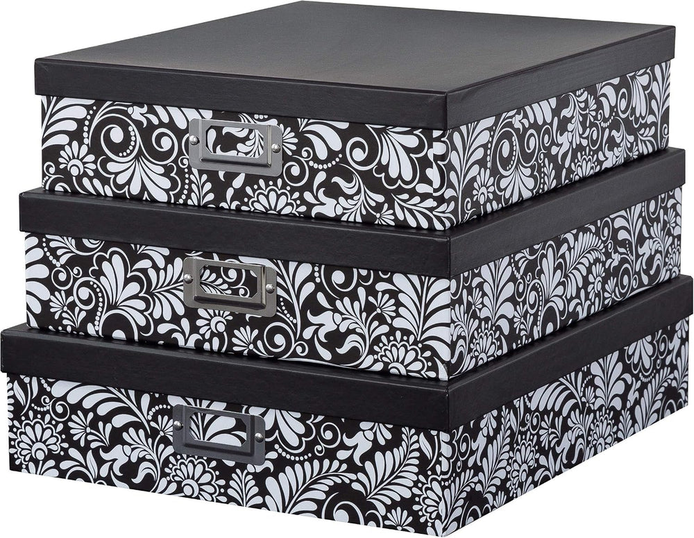 Soul & Lane - Black and White Floral Storage Boxes with Lids, Set of 3