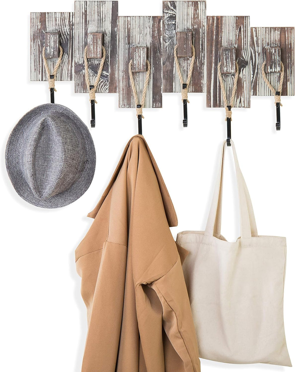 MyGift Rustic Wall Mounted Hat & Coat Rack, Rope Hooks, 6 Hook Storage