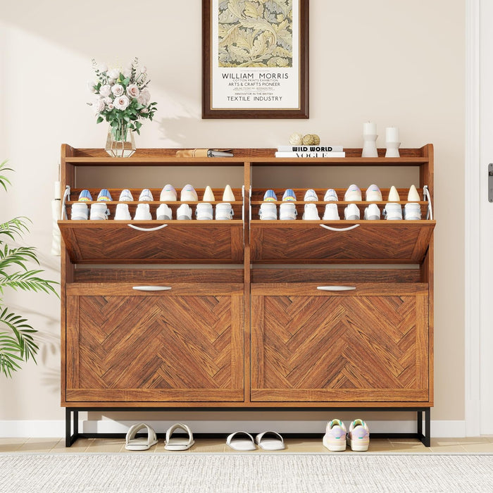 47.2" Shoe Cabinet Storage for Entryway, Narrow Wood Shoe Organizer with 4 Flip Drawers & Adjustable Shelves,Freestanding Hidden Shoe Storage Organizer with Hooks for Entryway, Foyer, Hallway, Walnut