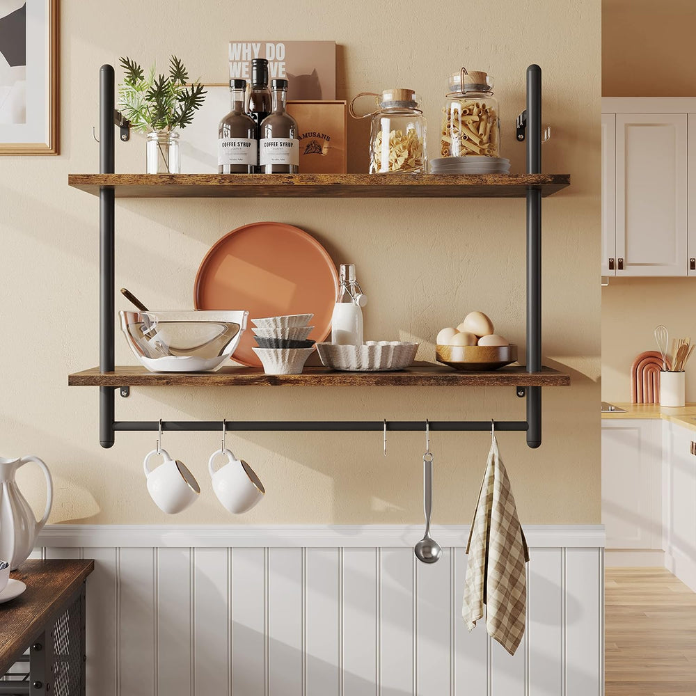 Bestier 31" Industrial Pipe Wall Shelf with Towel Bar, Rustic Brown