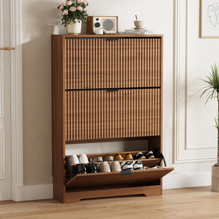 Shoe Cabinet Storage for Entryway with 3 Flip Drawers, Walnut Fluted Shoe Cabinet with Adjustable Shelves, Wooden Hidden Shoe Rack Freestanding Narrow Slim Shoes Storage for Hallway, Entrance
