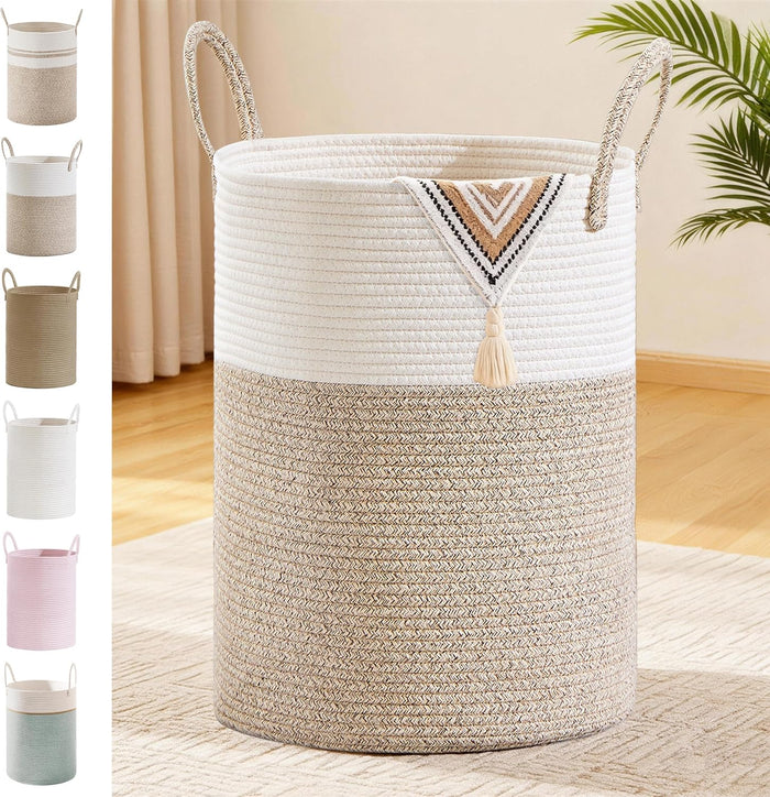 100L Extra Large Tall Cotton Rope Laundry Basket with Handle, Brown