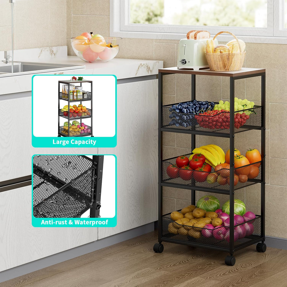 HapiRm Fruit Basket Kitchen Cart - 4-Tier Rolling Storage Cart with Wheels, F...