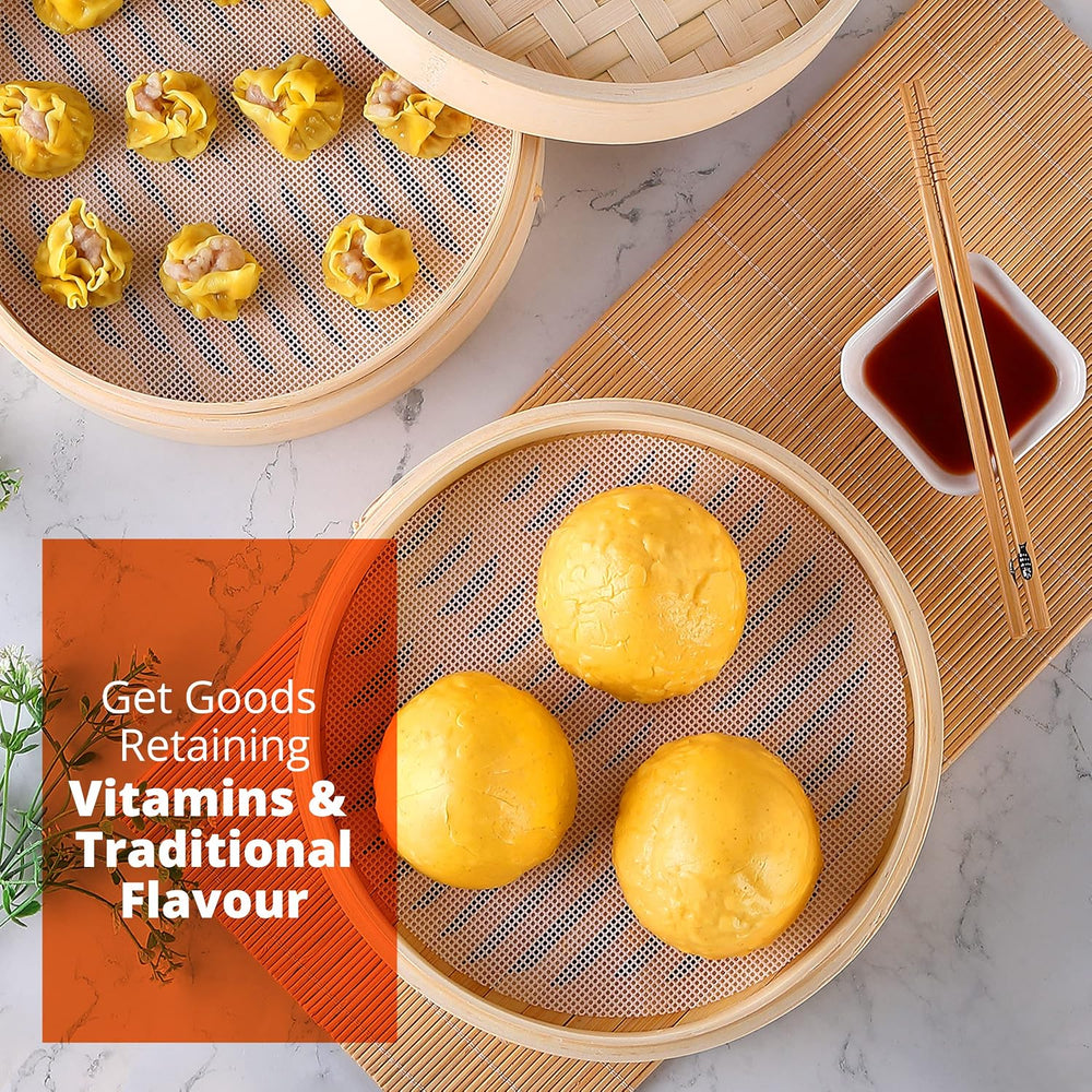 KitchenCrust Bamboo Steamer Basket 10 Inch, 2 Tier Dumpling Steamer Set