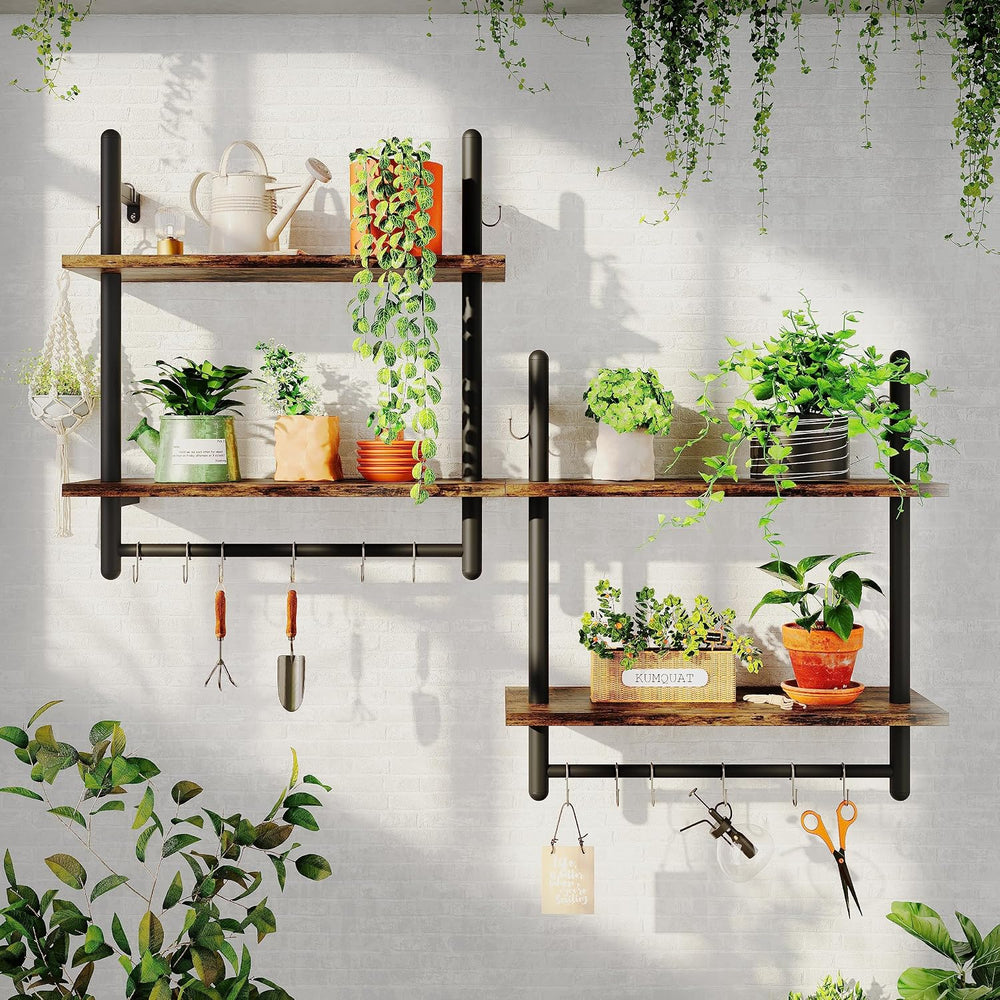 Bestier 24" 2 Tier Industrial Pipe Wall Shelf with 8 Hooks, Rustic Brown