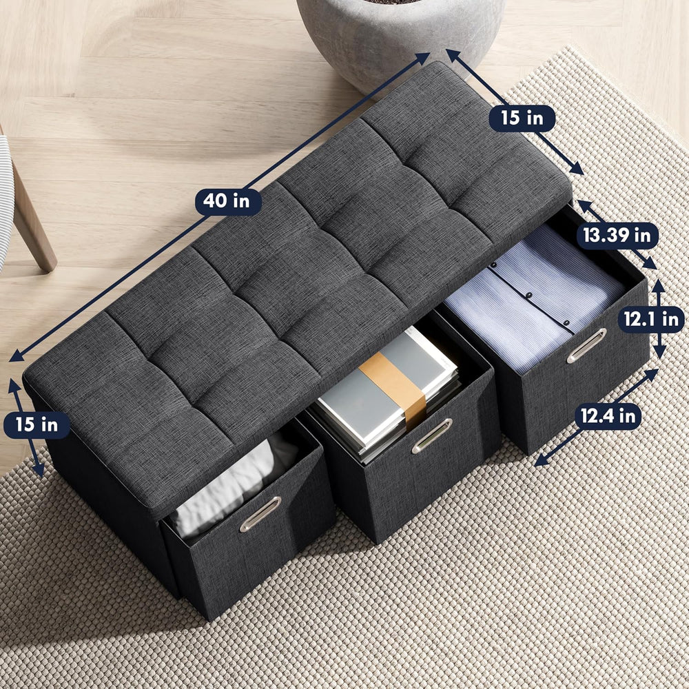 Ornavo Home 40 Inch Storage Ottoman with 3 Drawers, Tufted Linen, Black