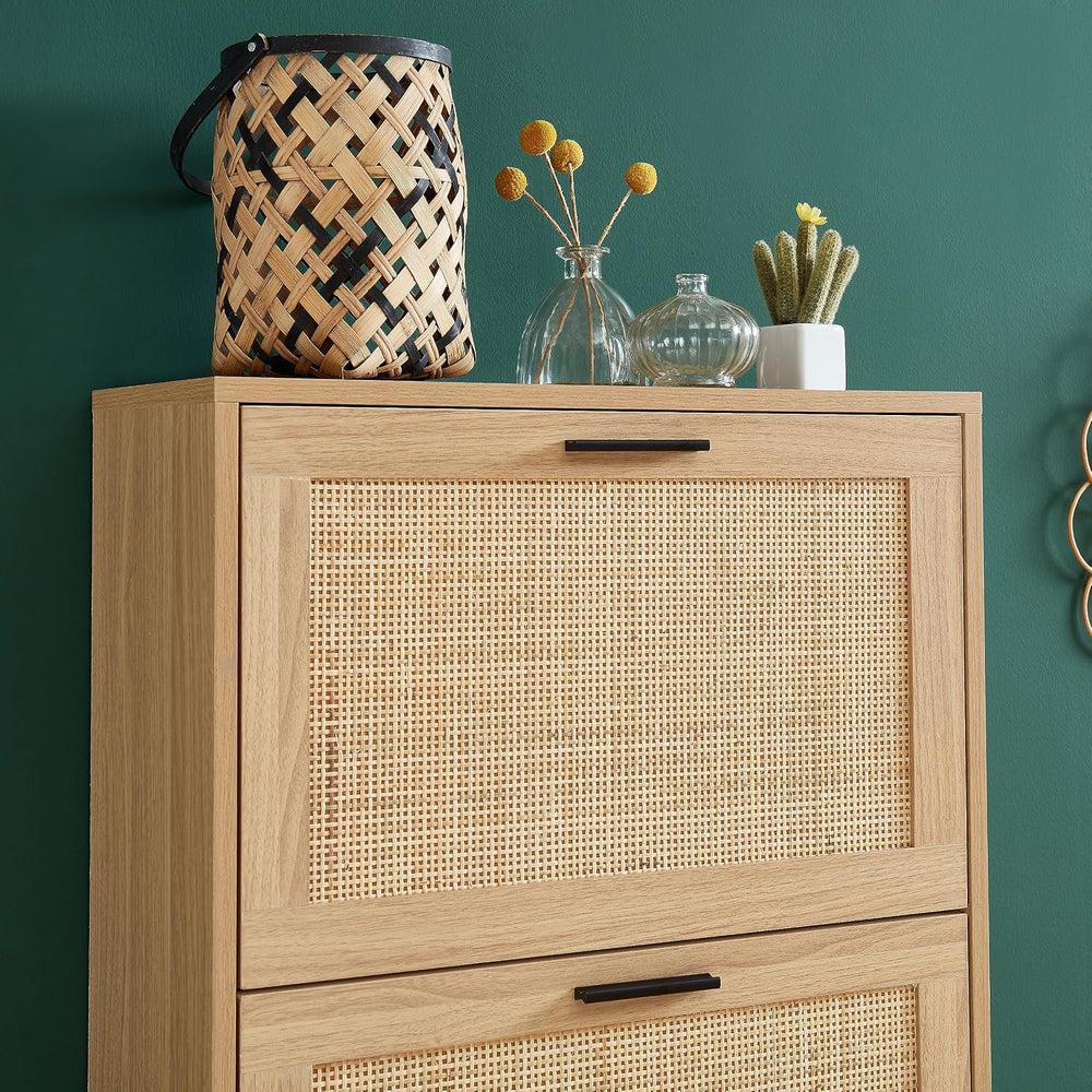 BAÏTA - Amana Shoe Cabinet Oak Effect and Rattan Cane 60 cm