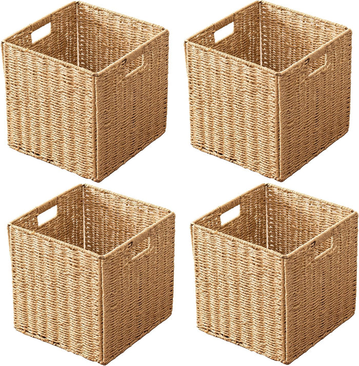 13x13x13 Storage Cube Bins Set of 4, Paper Rope Hand Woven Storage Basket with Handles, Collapsible Square Storage Cubes for Shelves, Wicker Shelf Baskets for Living Room Bedroom Organizing, Natural