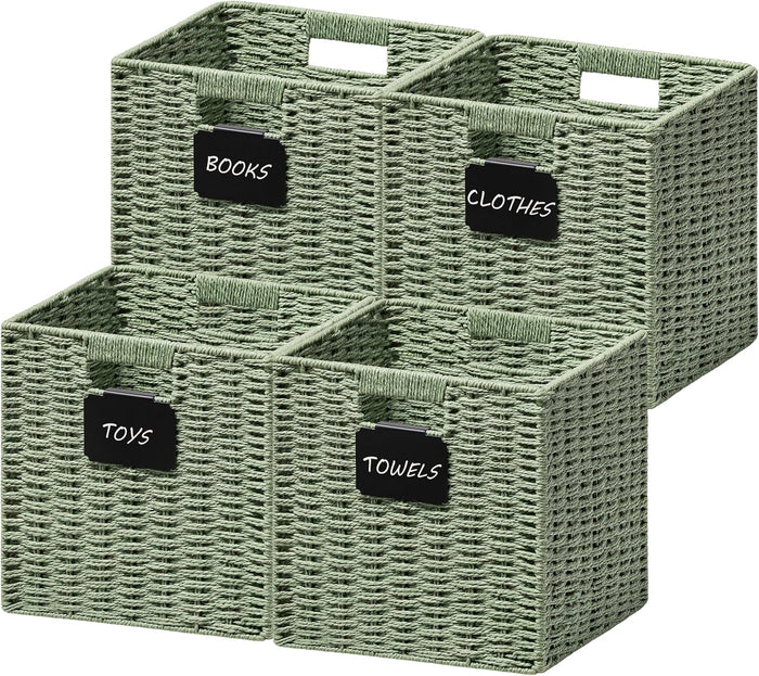 UBBCARE 4 Pack Small Wicker Basket, 9×9 Storage Cubes with Label, Foldable Green Decor Cube Storage Bin with Handle, Square Storage Basket for Shelves, Woven Paper Rope Basket for Organizing, Green