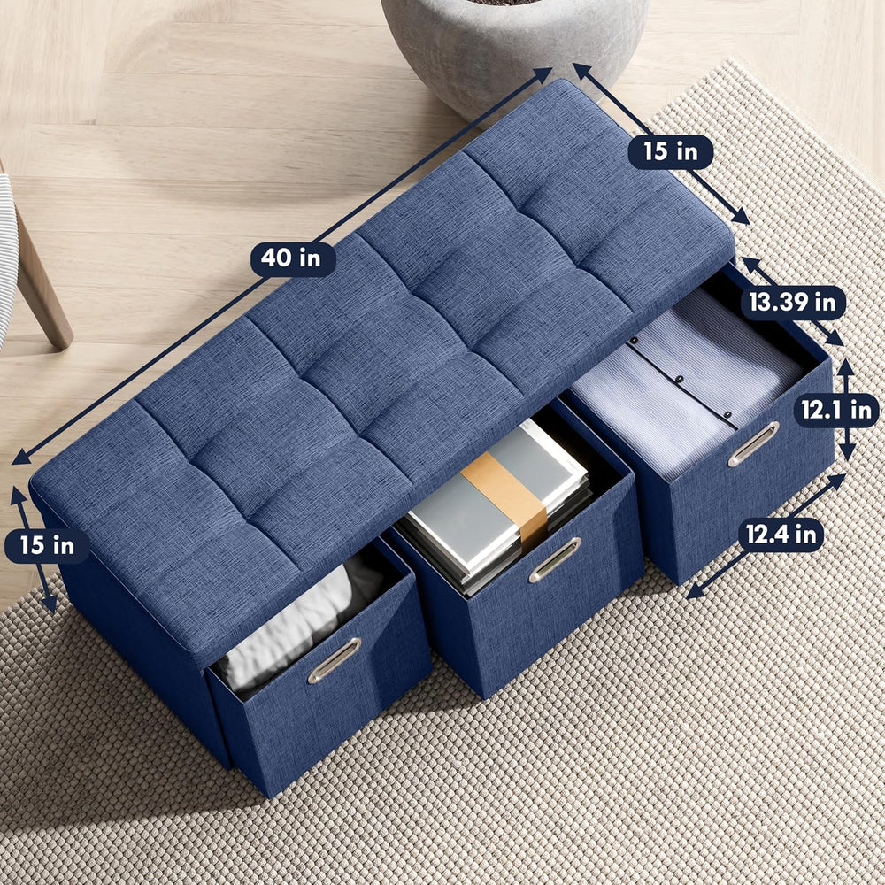 Ornavo Home 40 Inch Storage Ottoman with 3 Drawers, Tufted Linen, Navy Blue