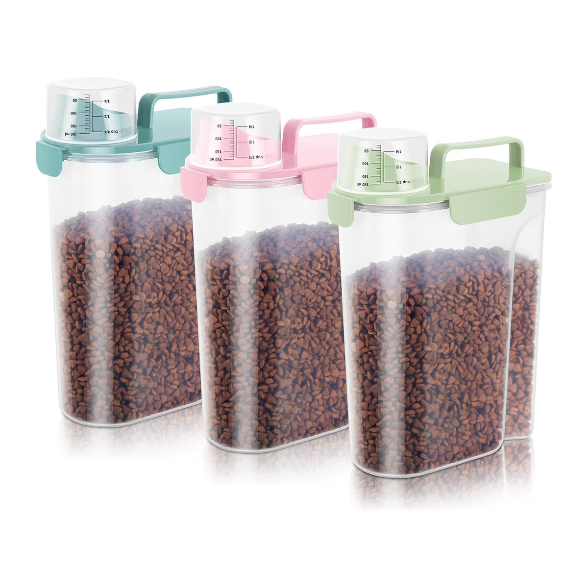 10-20Lbs Portable Cat Dog Food Storage Container with Upgraded Large Spout and Cup Dispenser for Small Large Animal Kibble, Pet Bird Snack, Oatmeal, Rice, Flour, Brown Sugart-3 Pack Pink Blue Green