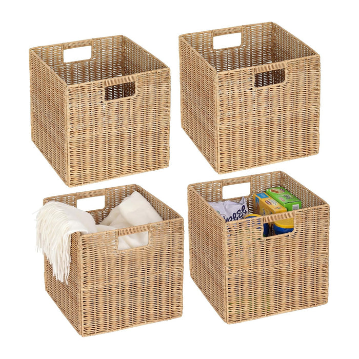 12x12inch Plastic Wicker Cube Baskets Large Foldable Handwoven,4 Pack,Khaki