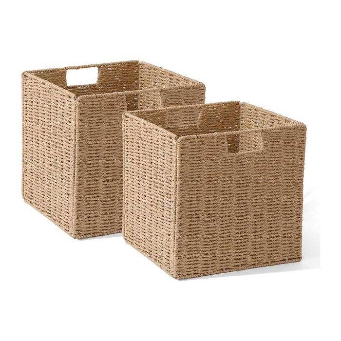 12x12x12in Wicker Storage Baskets for Shelves, Set of 2 Hand-Woven Paper Rope Wicker Basket,Foldable Cube Storage Bins, Natural Color Storage Cubes, Square Baskets for Organizing Decor