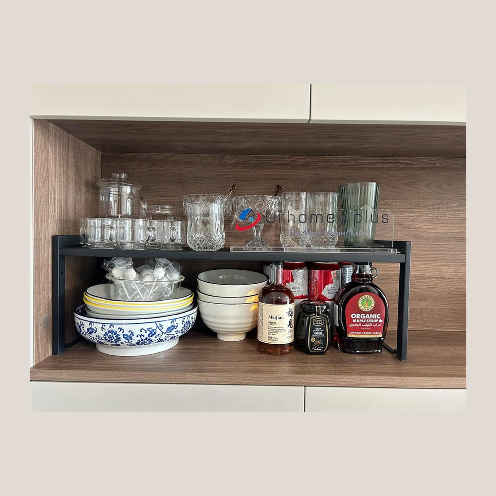 2 Pack Expandable Cabinet Shelf 7.9"D Adjustable Counter Riser Rack Black