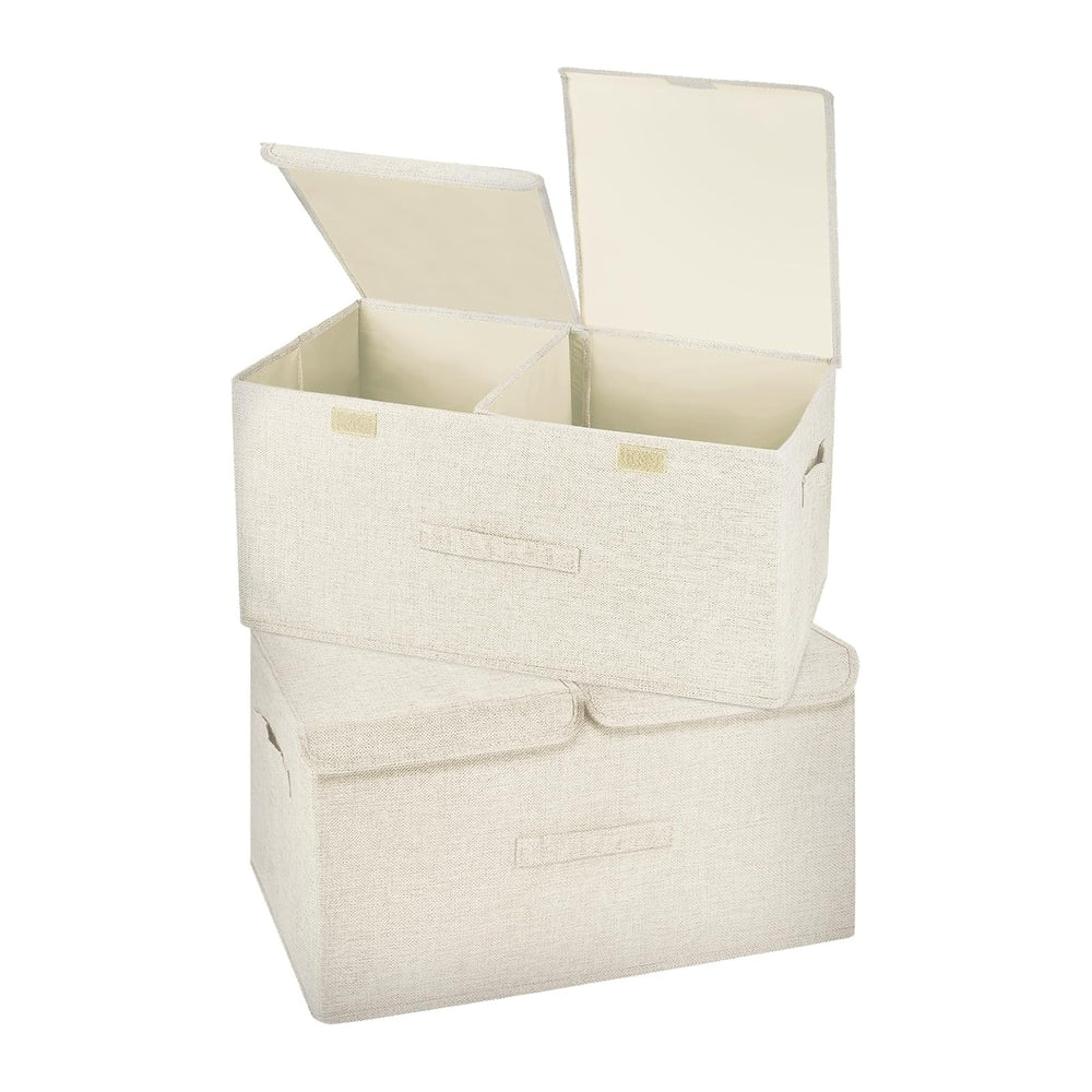 2 Pack Storage Boxes with Lids and Handles, Collapsible Linen Storage Bins Or...