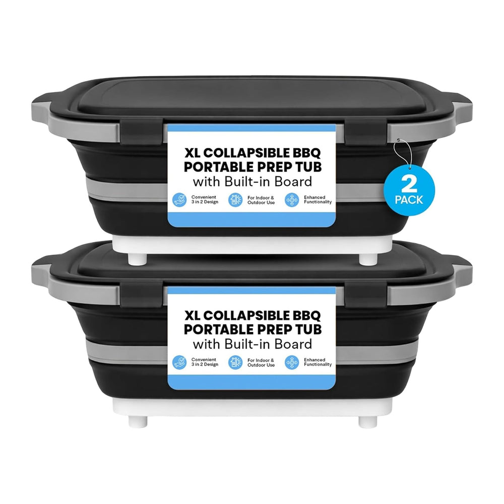 2-Pack XL Collapsible BBQ Prep Tub with Built-in Cutting Board, Lid & Str...