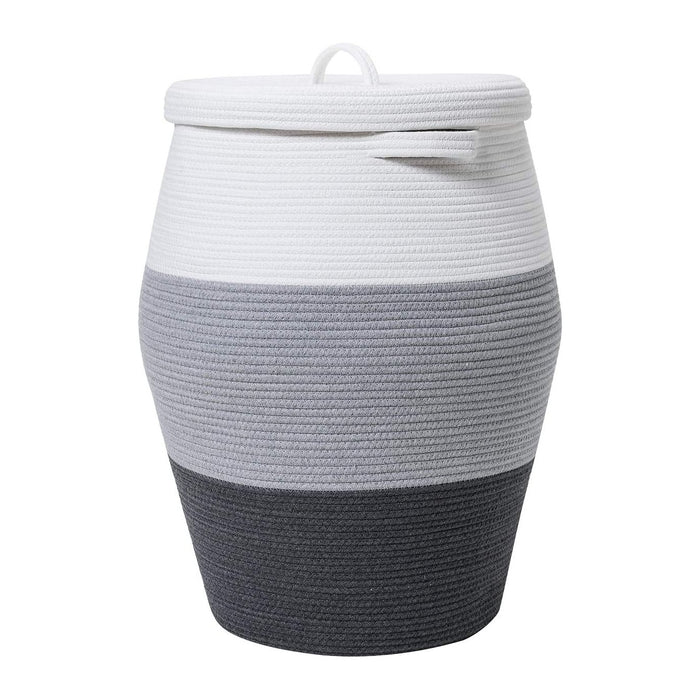 26"x20" Extra Large Tall Woven Laundry Basket with Lid, Cotton Rope Blanket Storage Basket, Freestanding Decorative Bin for Bedroom Living Room, White & Dark Grey