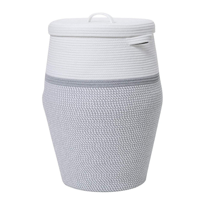 26"x20" Extra Large Tall Woven Laundry Basket with Lid, Cotton Rope Blanket Storage Basket, Freestanding Decorative Bin for Bedroom Living Room, White & Light Grey