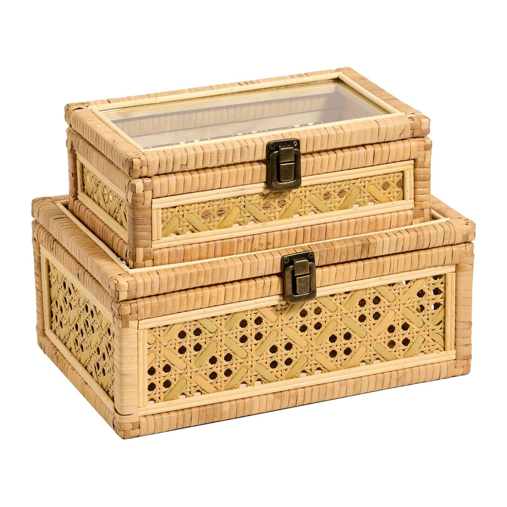 2PCS Decorative Rattan Boxes Handmade Natural Wicker Boho Baskets