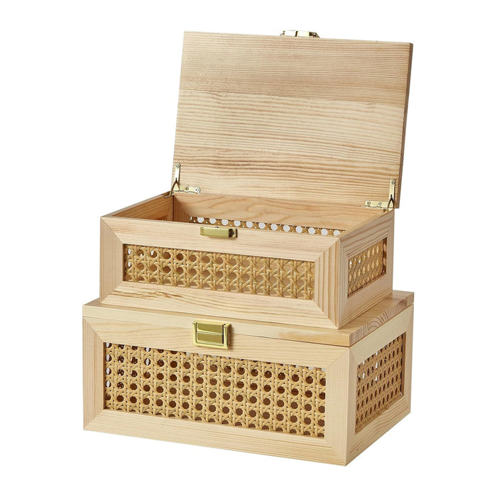 2PCS Decorative Rattan Storage Box Basket with Lid Wooden Frame