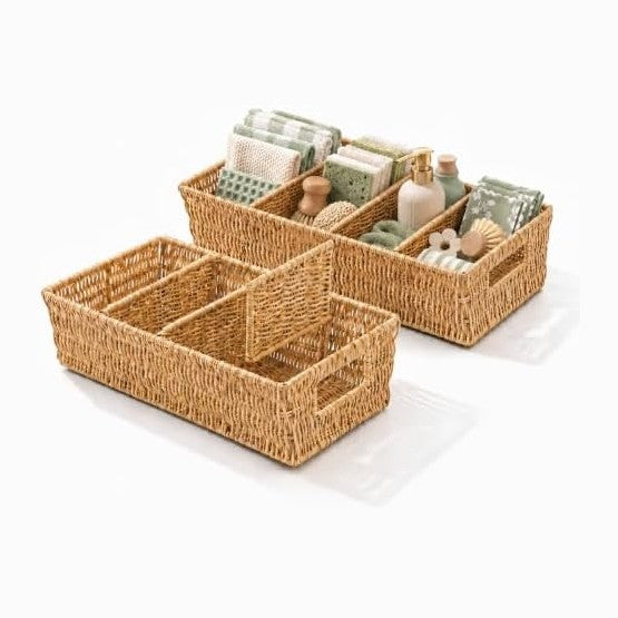 2PCS Rattan Pantry Organizer Baskets with Removable Dividers