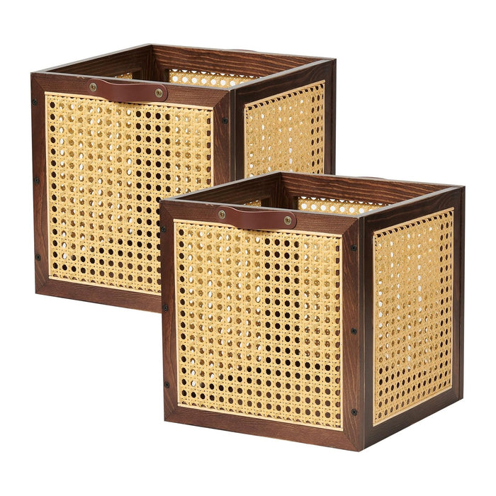 2PCS Rattan Storage Cubes Decorative Handmade Wooden Basket Box