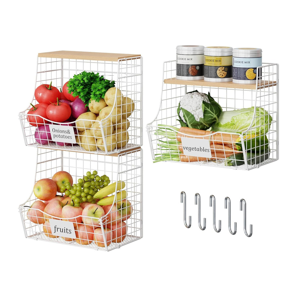 3 Pack Hanging Fruit Basket for Kitchen with Wood Lid - Onion and Potato Stor...