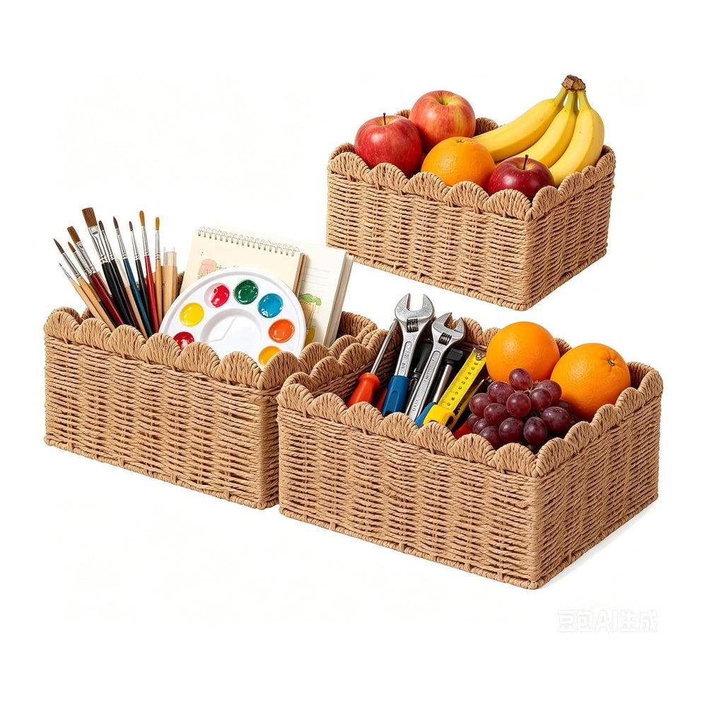 3 Pcs Wicker Storage Baskets for Shelves Picnic Basket,Scalloped Baskets, Han...