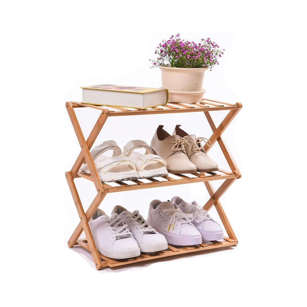 3-Tier Bamboo Shoe Rack for Entryway, Stackable | Foldable, Shoe Storage Orga...