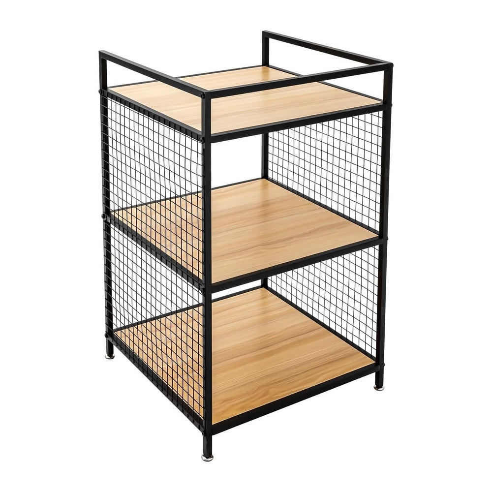 3-Tier Shelving Unit, Metal Small Bookshelf, Rustic Wood Storage Shelf with M...